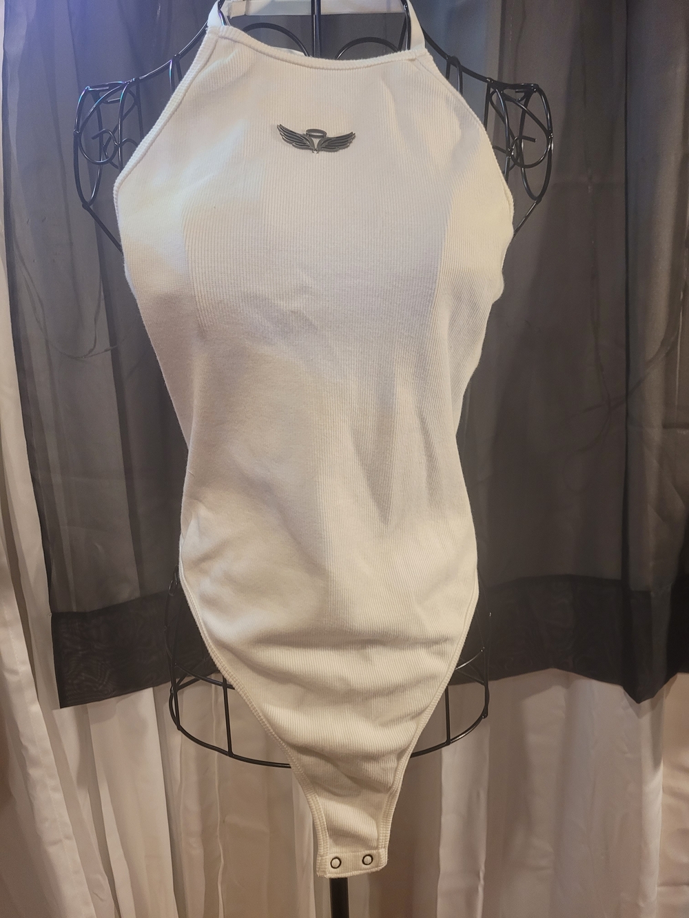 wild fable White Ribbed Halter Bodysuit with Wing Emblem